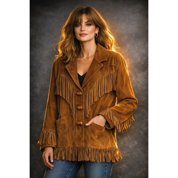 Jackets & Blazers - VTG Genel London Women’s Fringe Suede Leather Jacket Western Sz US 10 UK 14